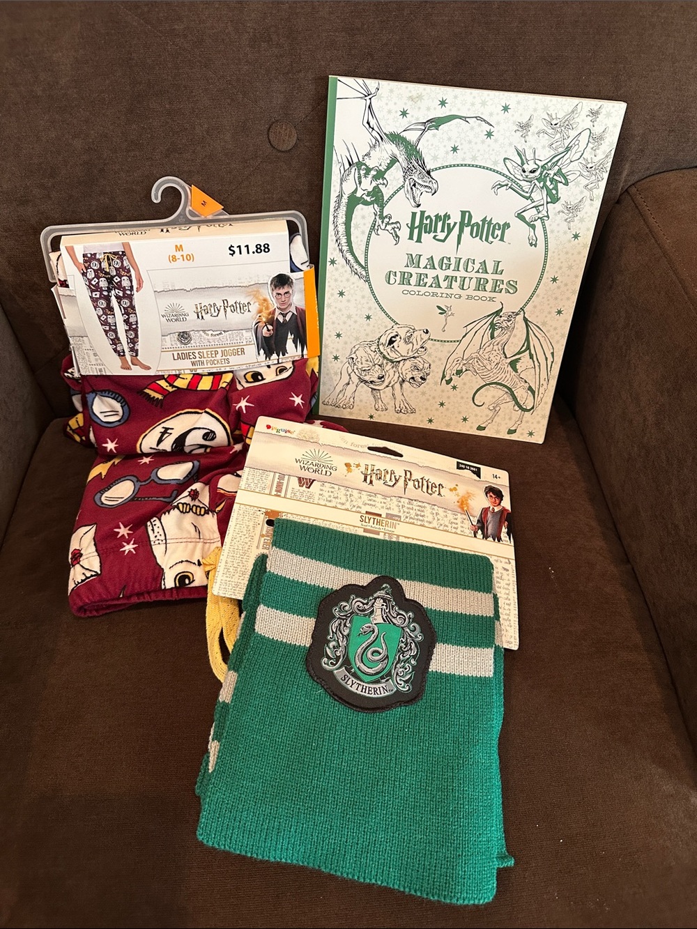 Harry Potter lot - joggers 8-10, slytherin scarf, adult coloring book all NWT